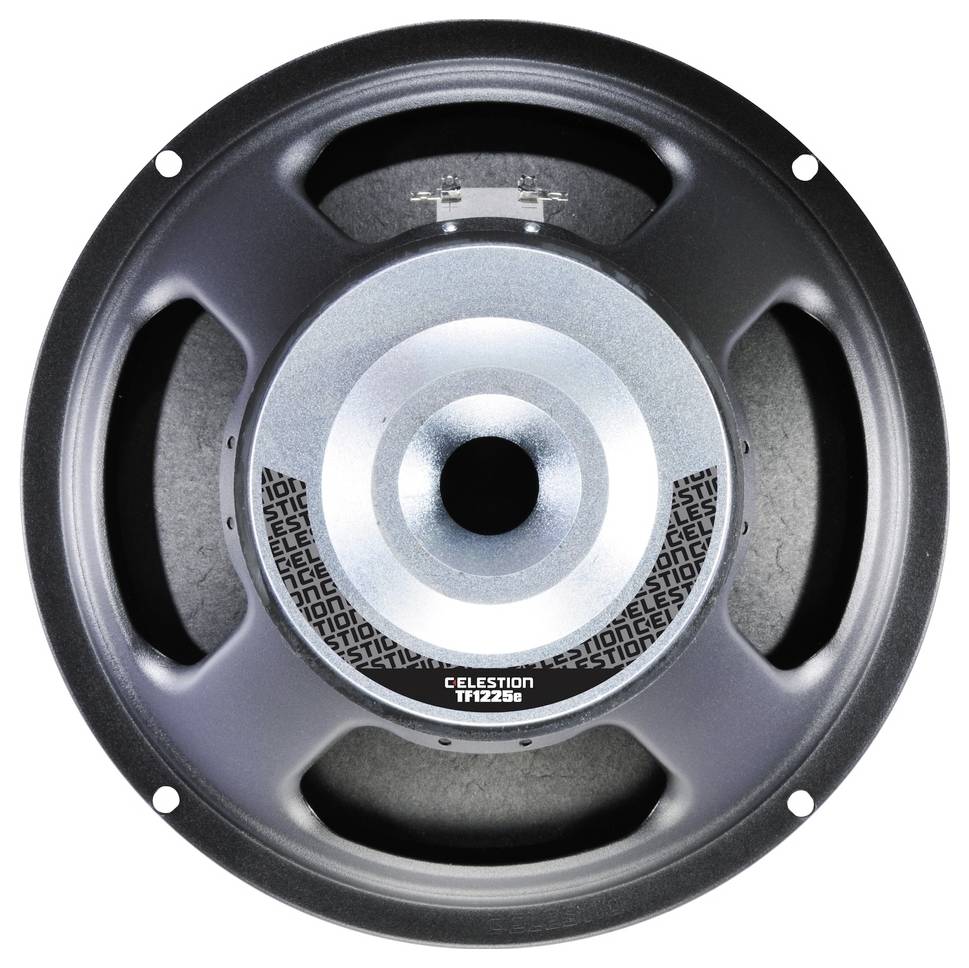 Černý reproduktor se stříbrným středem, viditelný název značky 'Celestion', kruhový design, vhodný pro audio výstup.