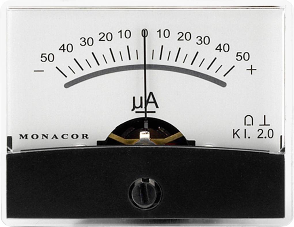 Analogový ampérmetr se stupnicí od 0 do 100 mikroampér. Ručička je na 0. Označení a logo 'MONACOR' dole vlevo.