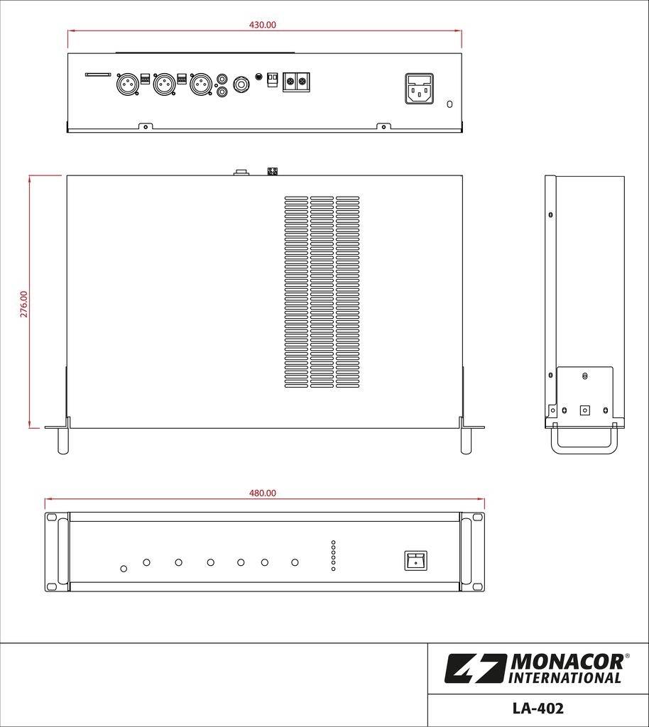 Technický výkres zesilovače od MONACOR International, model LA-402. Rozměry: šířka 430 mm, výška 70 mm, hloubka 480 mm.