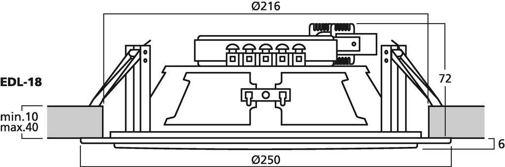 Diagram vestavného osvětlení EDL-18 s rozměry: průměr 250 mm, výška 72 mm, minimální vestavná hloubka 10 mm a maximální 40 mm.