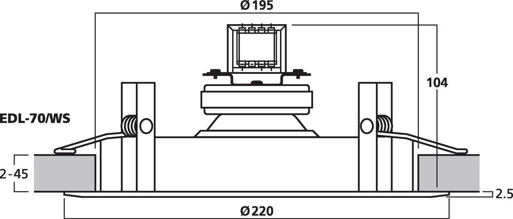 Technický výkres kulatého LED svítidla (ø195 mm) určeného pro montáž na strop. Rozměry: průměr 220 mm, výška 104 mm, montážní hloubka 2-45 mm.