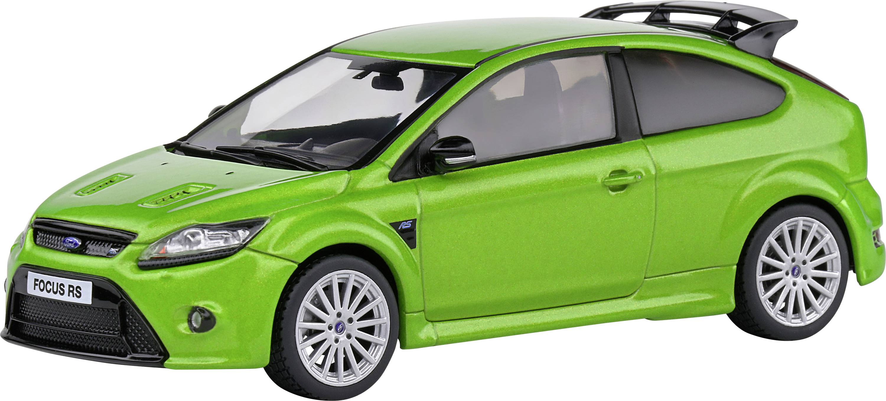 Zelený model automobilu se sportovním designem, se spoilerem a předním nárazníkem, pohled z boku na bílém pozadí.