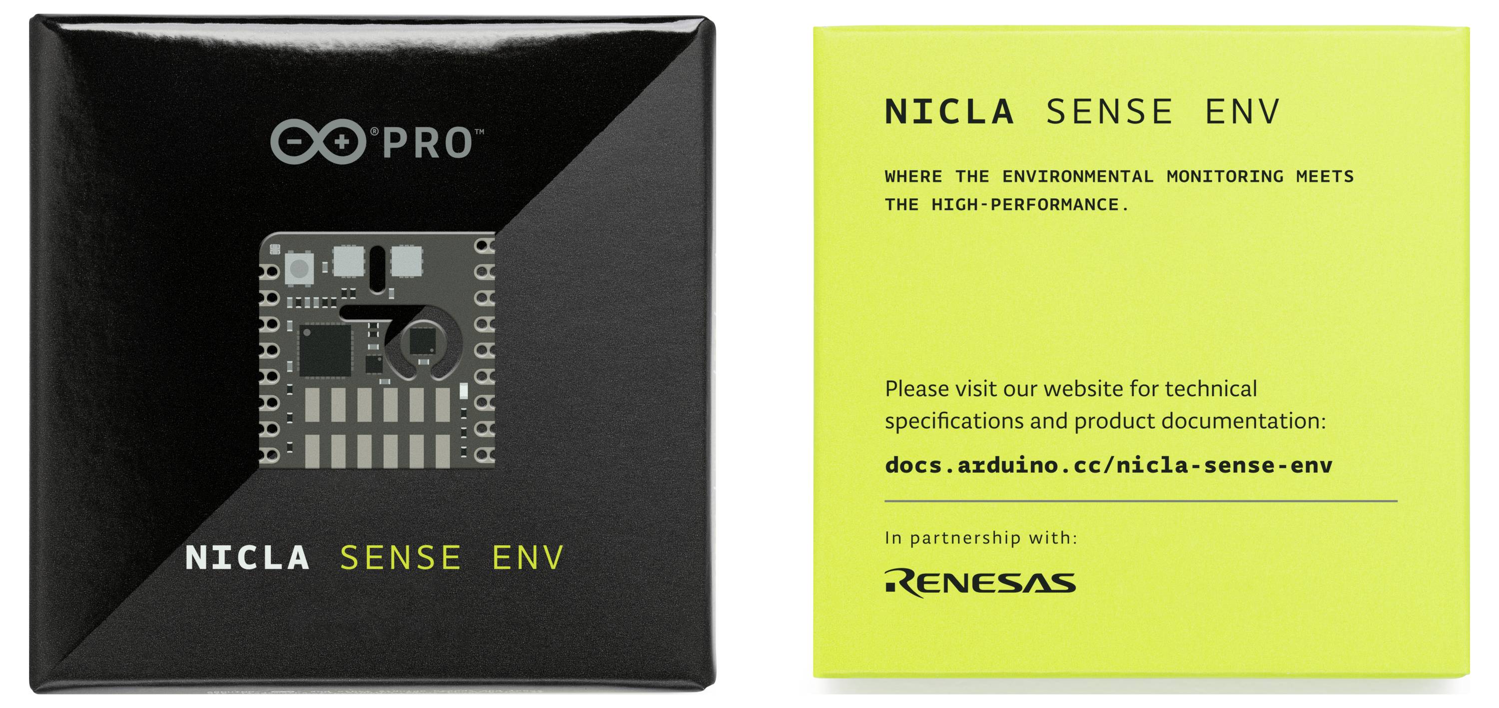 'NICLA SENSE ENV': Balení zobrazuje mikrořadičovou desku. Text zmiňuje environmentální monitoring a výkon. Další informace naleznete na docs.arduino.cc/nicla-sense-env. Partnerství s Renesas.