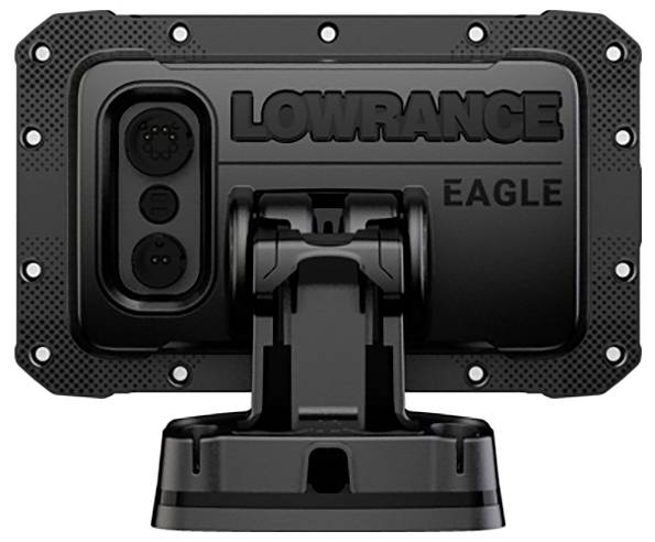 Zadní pohled černého zařízení Lowrance Eagle se dvěma připojovacími porty, upevněného na stabilním podstavci.