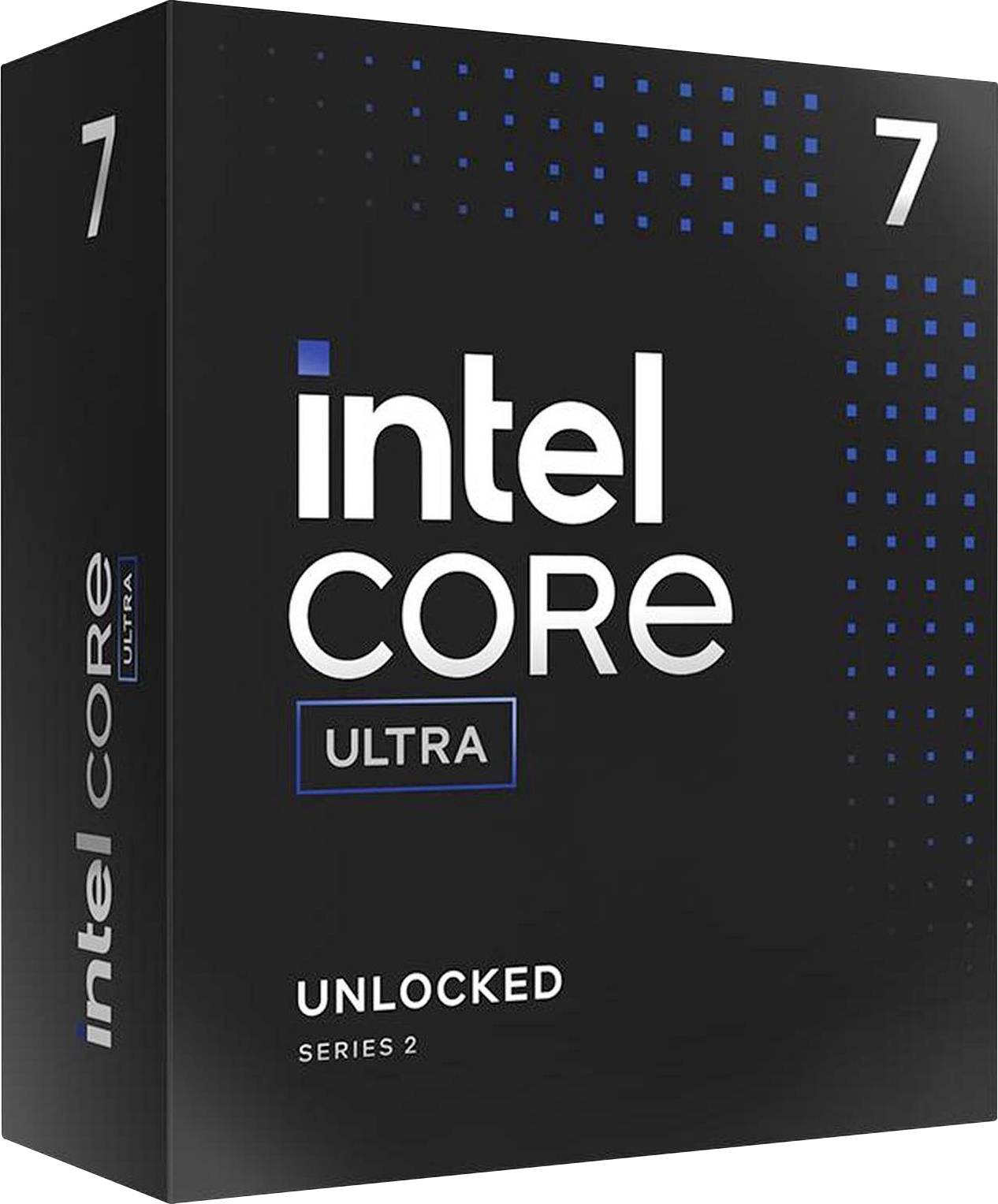 Černý produktový obal procesoru s modrým designem. Nápis: "Intel Core Ultra, Unlocked, Serie 2, 7".