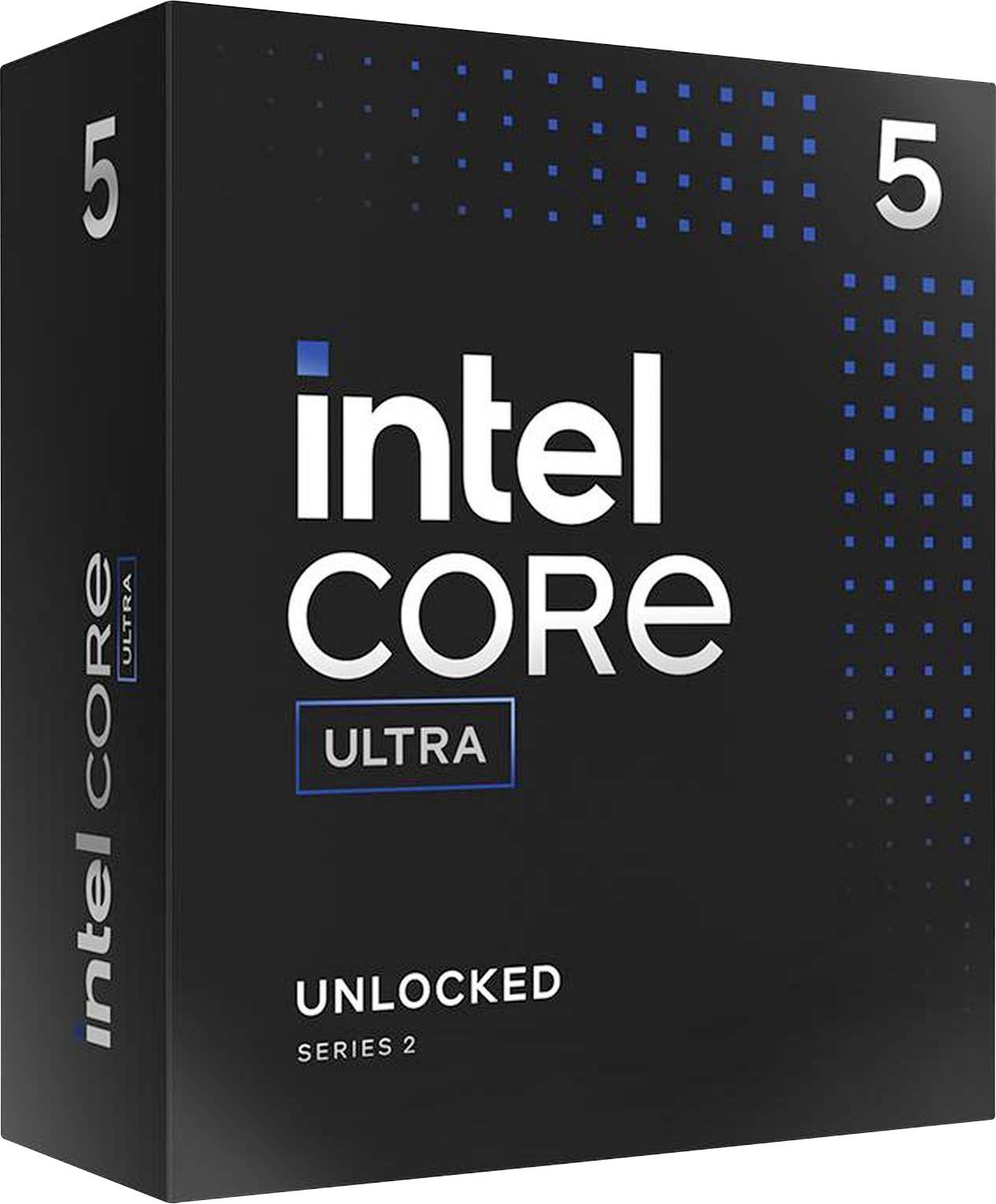 'Intel Core Ultra' procesorový obal, série 2, černý s modrými a bílými akcenty, nápis 'Unlocked', číslo 5.