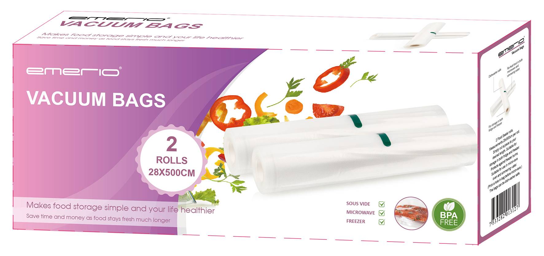 Krabice se dvěma vakuovými rolemi, vyobrazená se zeleninou a symboly mikrovlnné a mrazicí kompatibility. Název značky: Emerio.
