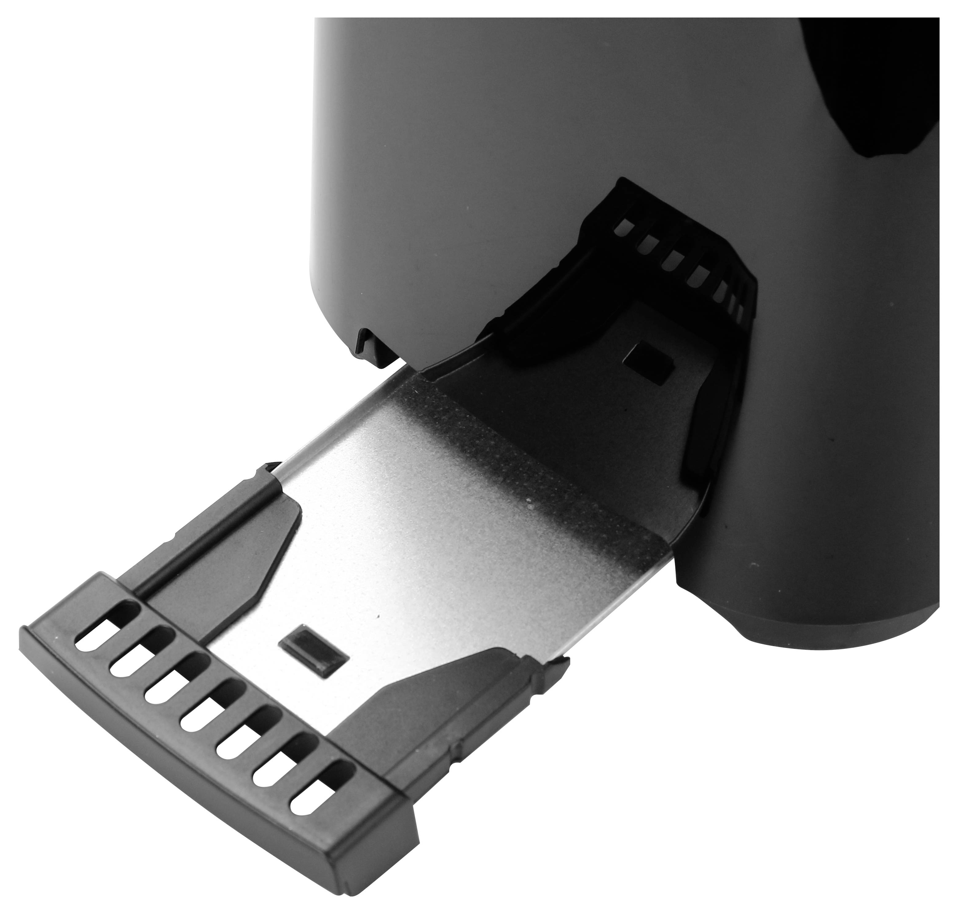 Černé zařízení s vysouvatelnou zásuvkou, pravděpodobně určené pro baterie nebo papír. Zásuvka odhaluje plastové a kovové komponenty.