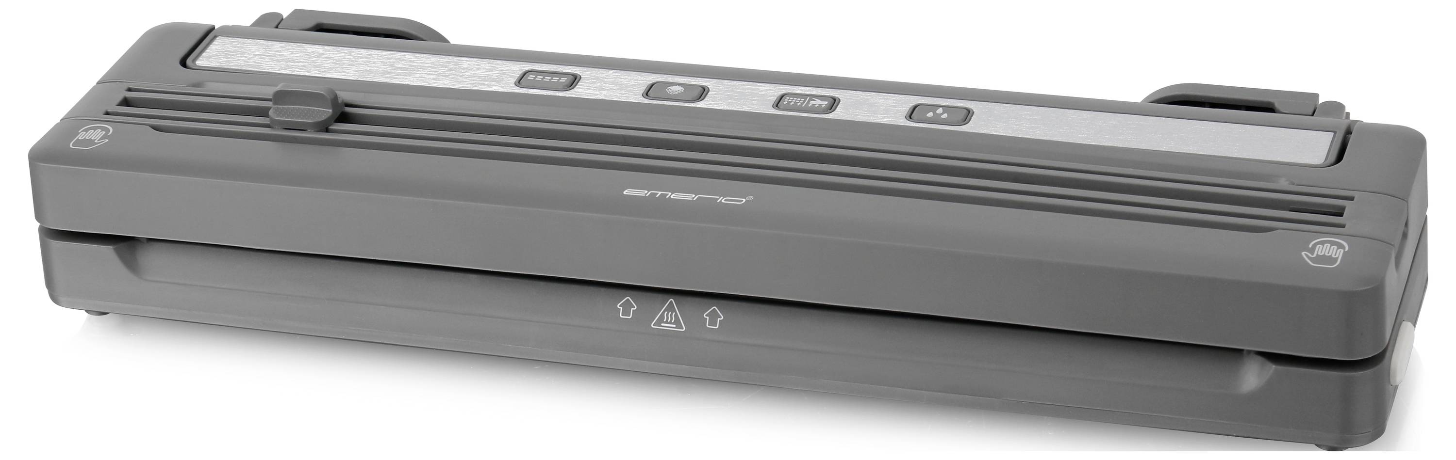 Šedý vakuovací přístroj s tlačítky na horní straně. Na přední straně má symboly pro ovládání a bezpečnostní varování.