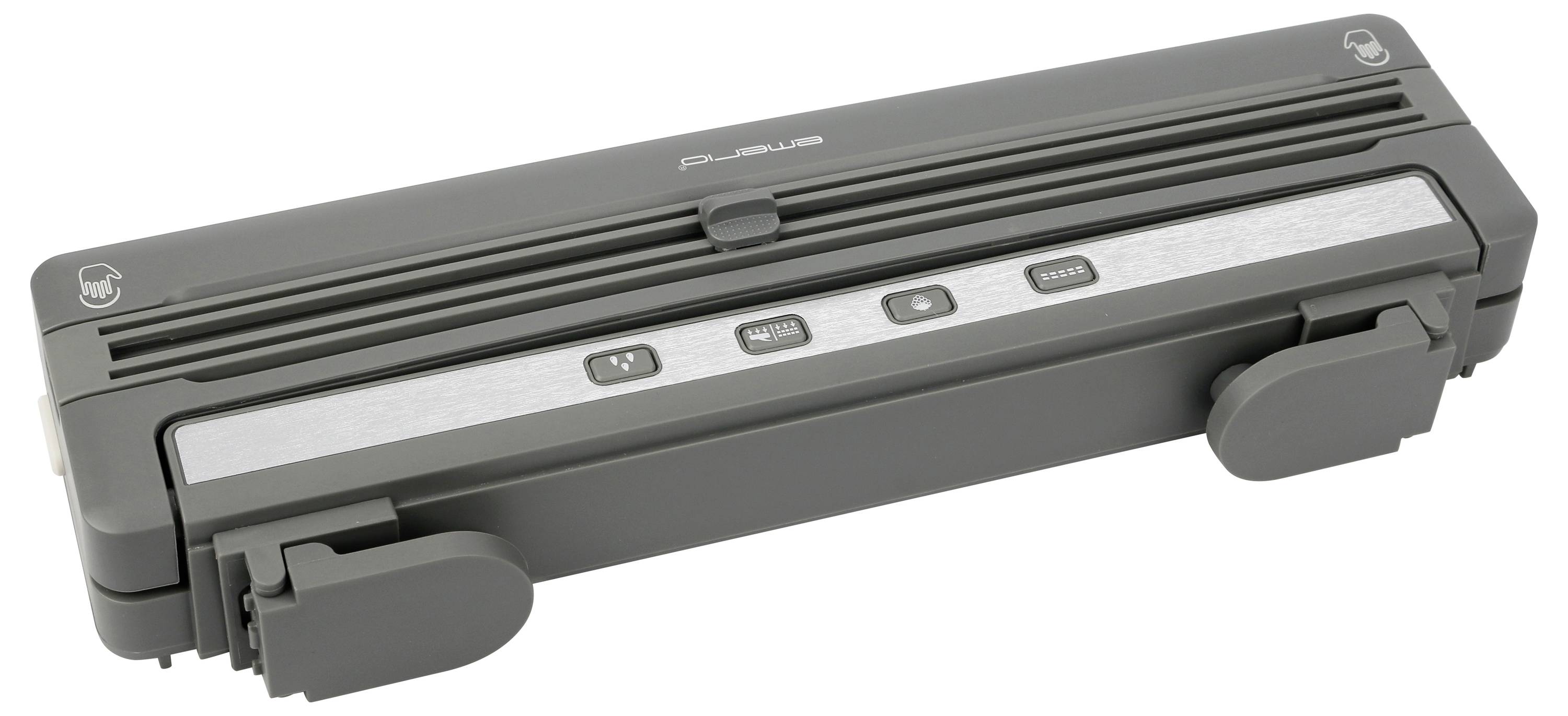 Šedý přenosný skener s ovládacím panelem a tlačítky pro 'Sken', 'Zapnout/Vypnout' a 'Uložit'.