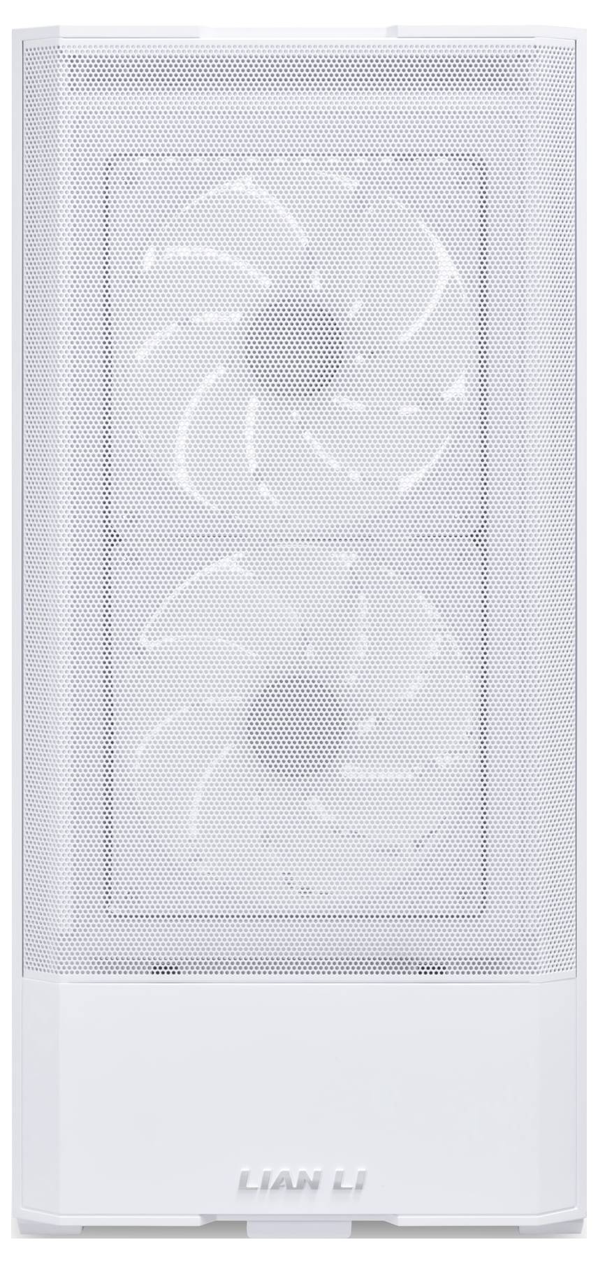 Bílá počítačová skříň se dvěma viditelnými ventilátory na přední straně.