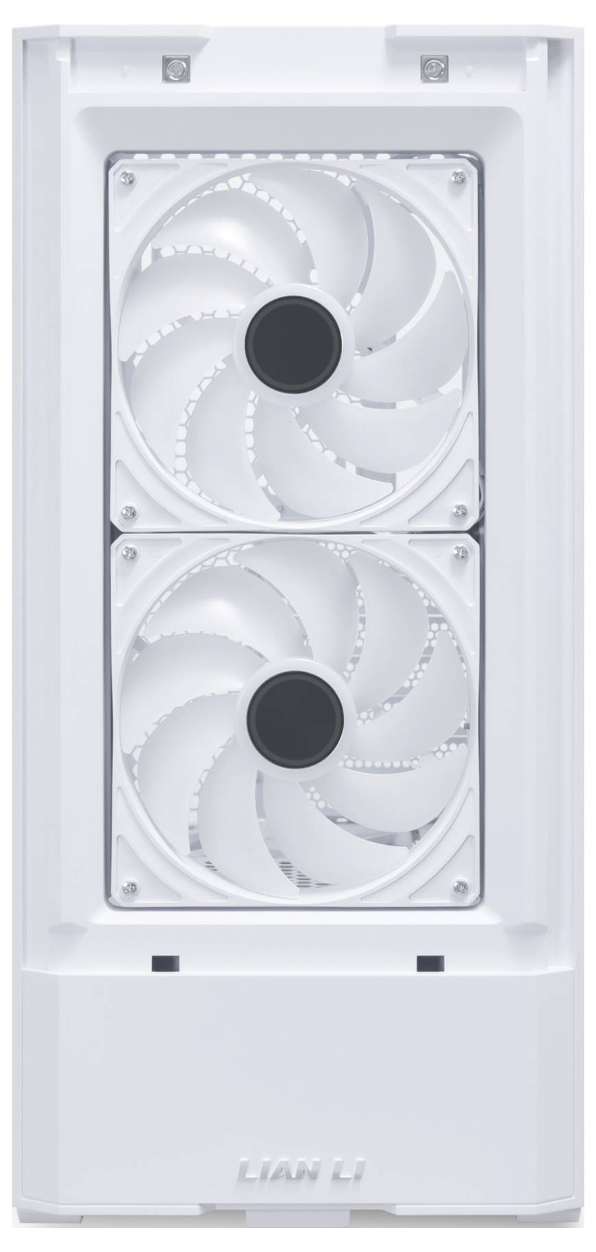 Bílá počítačová skříň od Lian Li se dvěma viditelně zabudovanými ventilátory na přední straně.