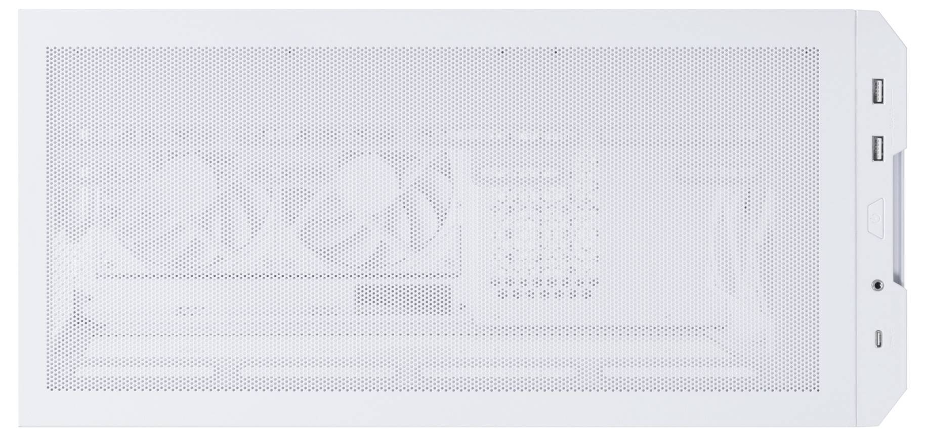 Bílá počítačová skříň s perforovaným vzorem, který odhaluje vnitřní ventilátory. Vpravo jsou umístěny dva USB porty.