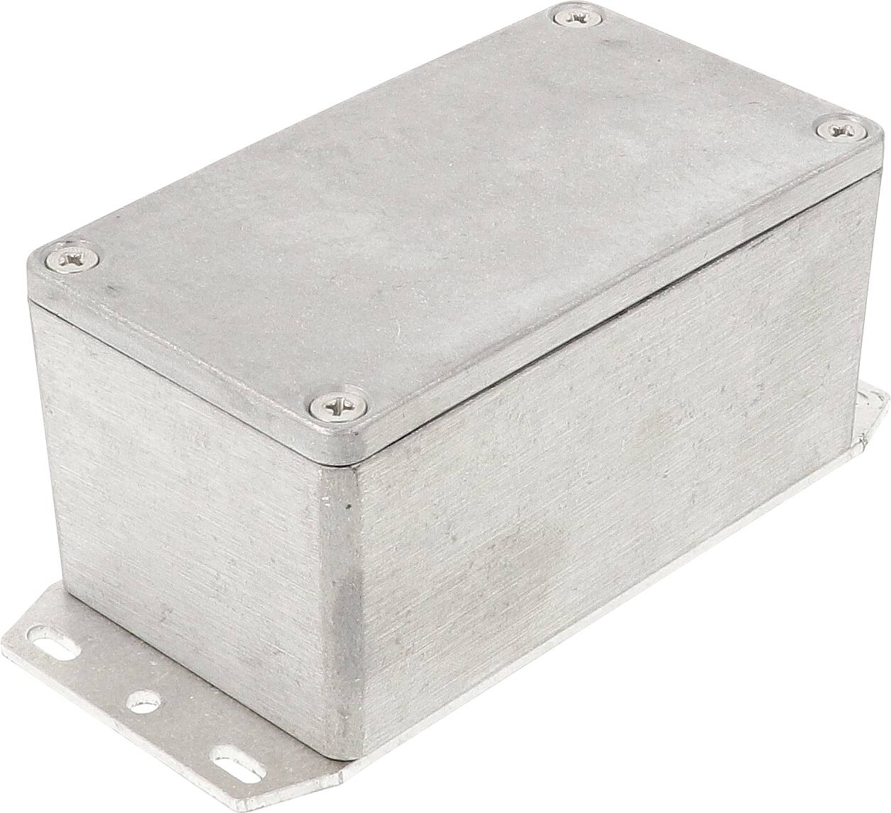 Kovový box se šrouby v rozích, obdélníkový, stříbrné barvy, pravděpodobně určený pro elektronické komponenty nebo kabeláž.