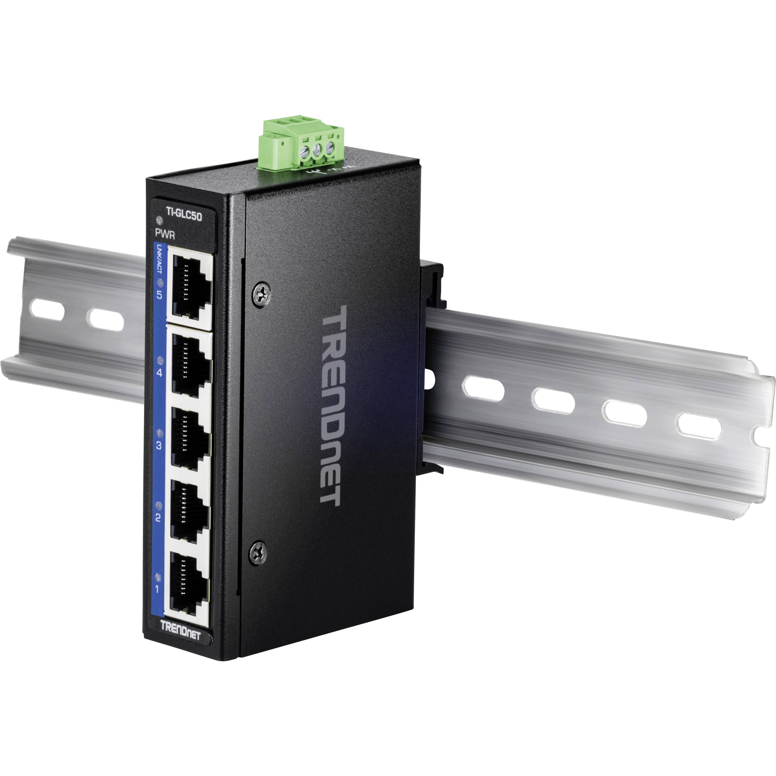 TrendNet 5-portový gigabitový switch, montovaný na DIN lištu.