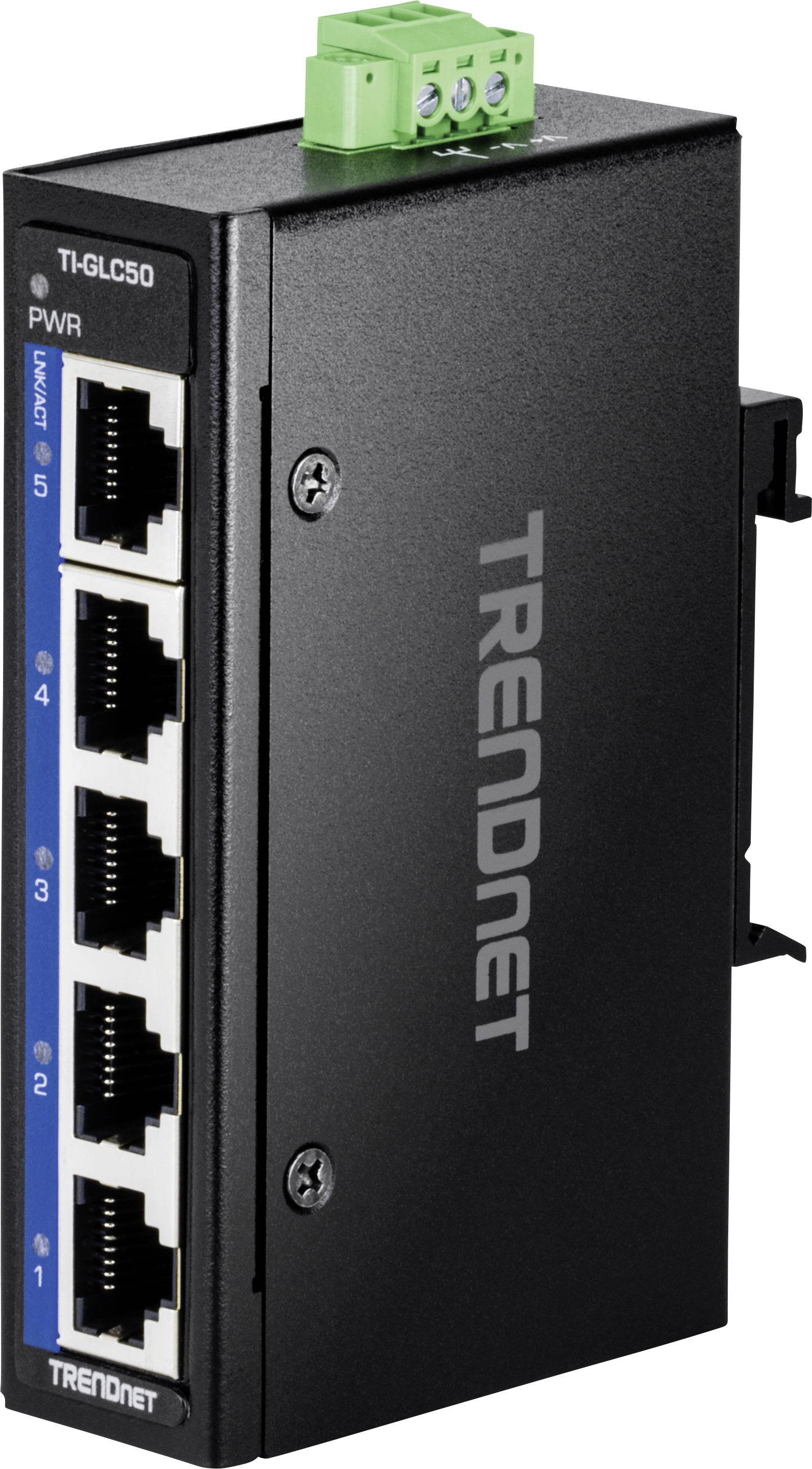 Černý ethernetový switch s pěti LAN porty a zeleným konektorem nahoře. Značka 'TRENDnet' vytištěná na boku.