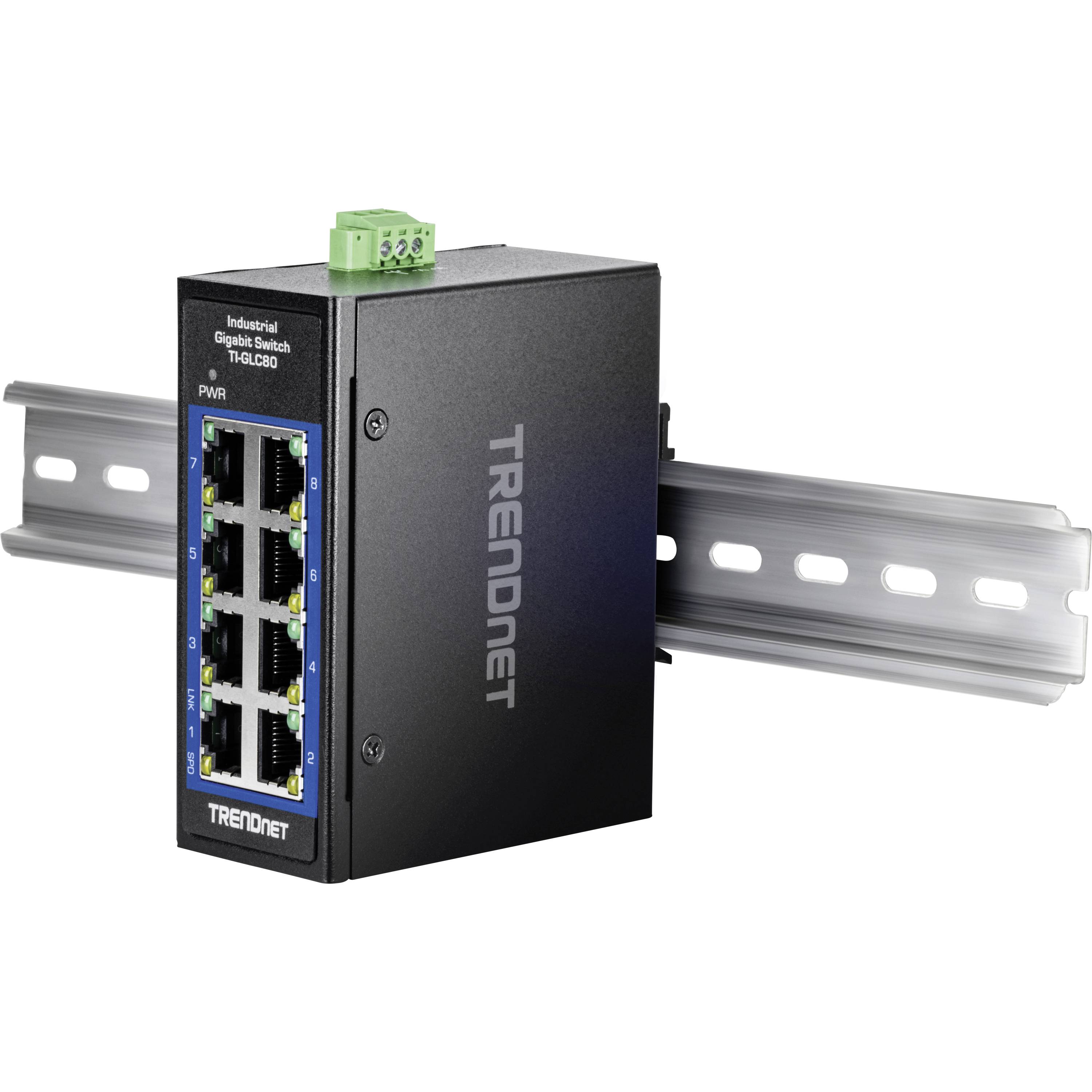 Černý průmyslový gigabitový switch značky TRENDnet s osmi ethernetovými porty, namontovaný na kovovém kolejnicovém držáku.