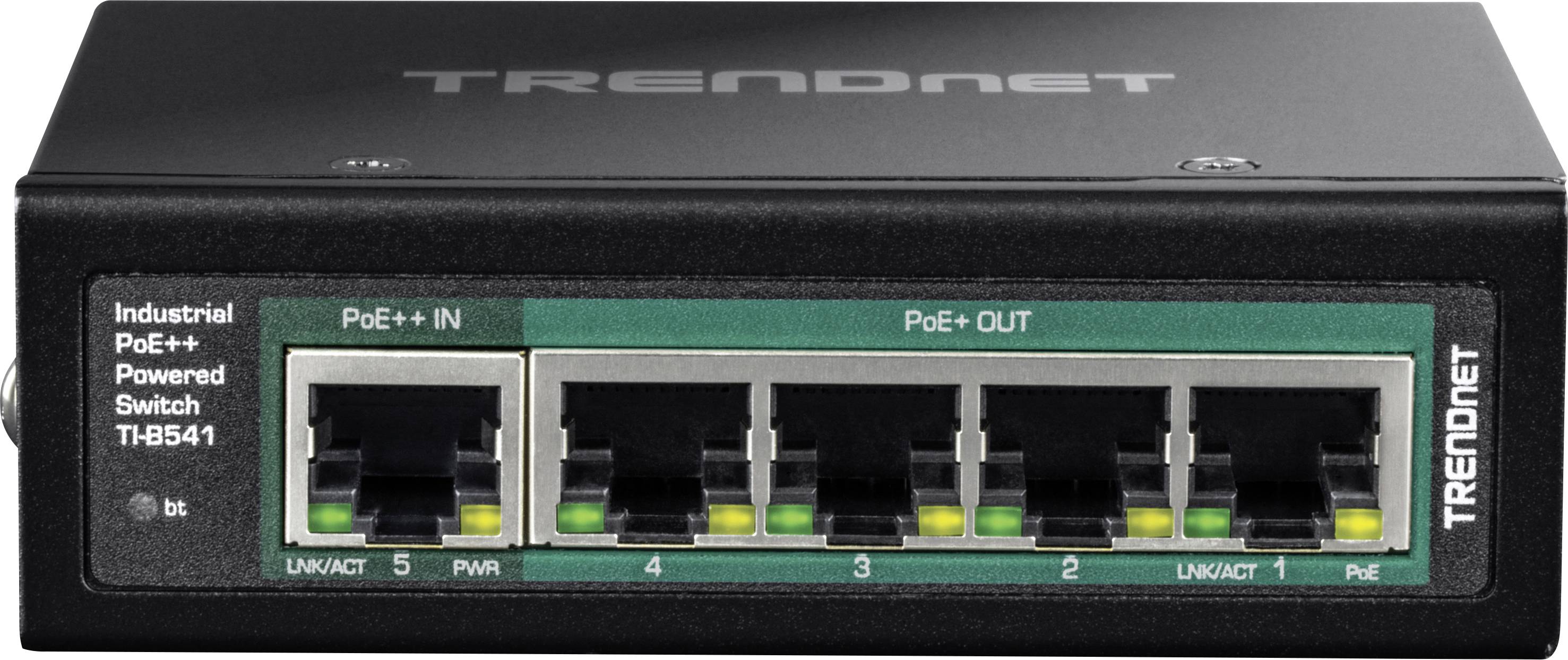 Průmyslový síťový switch od TRENDnetu se šesti ethernetovými porty. Čtyři porty jsou určeny pro PoE výstupy, jeden pro PoE vstup.