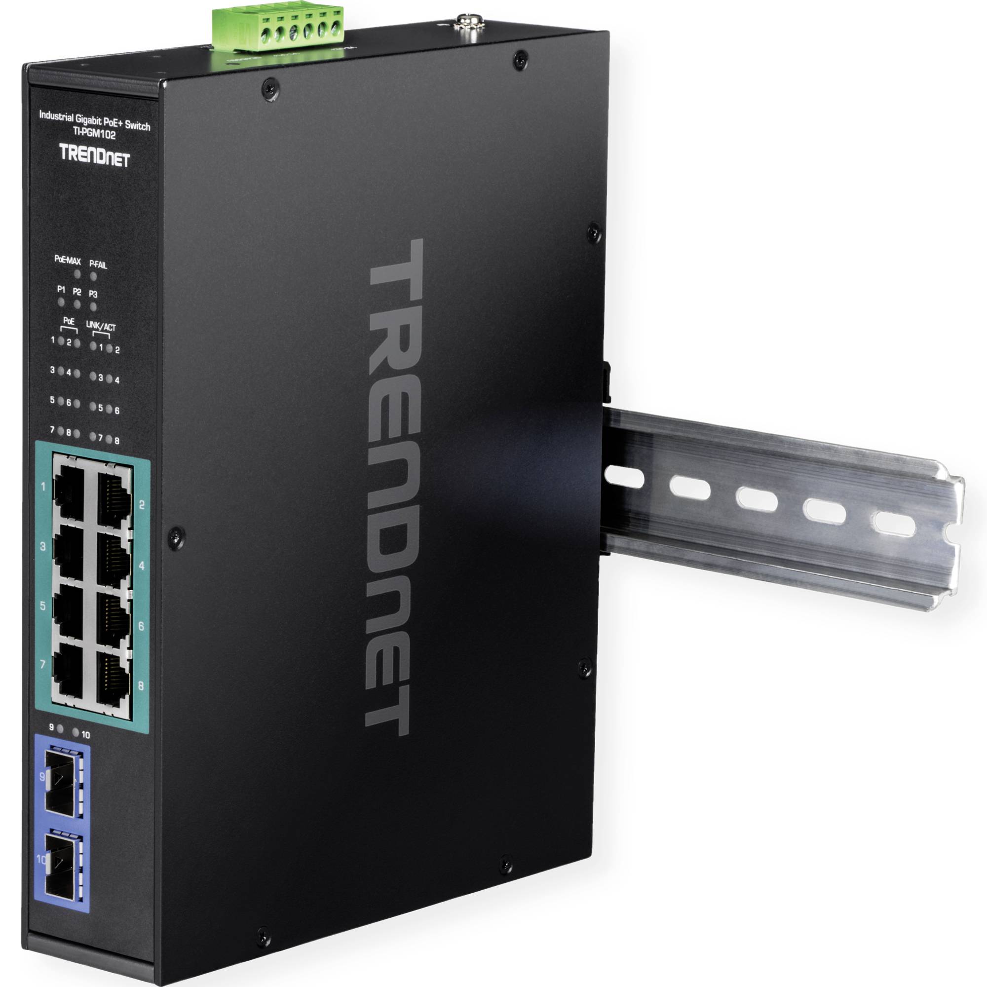 Černý průmyslový gigabitový PoE+ switch od TRENDnetu s osmi síťovými porty a dvěma dalšími porty dole.