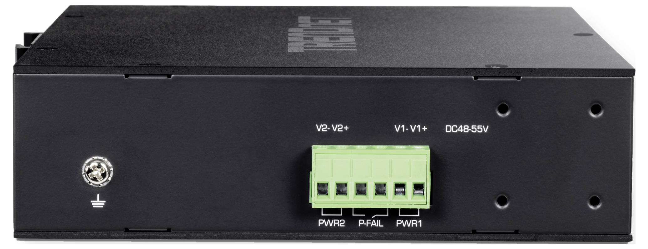 Černé elektrické zařízení, přední strana ukazuje zelené připojovací svorky s označeními V2, V1 a PWR.