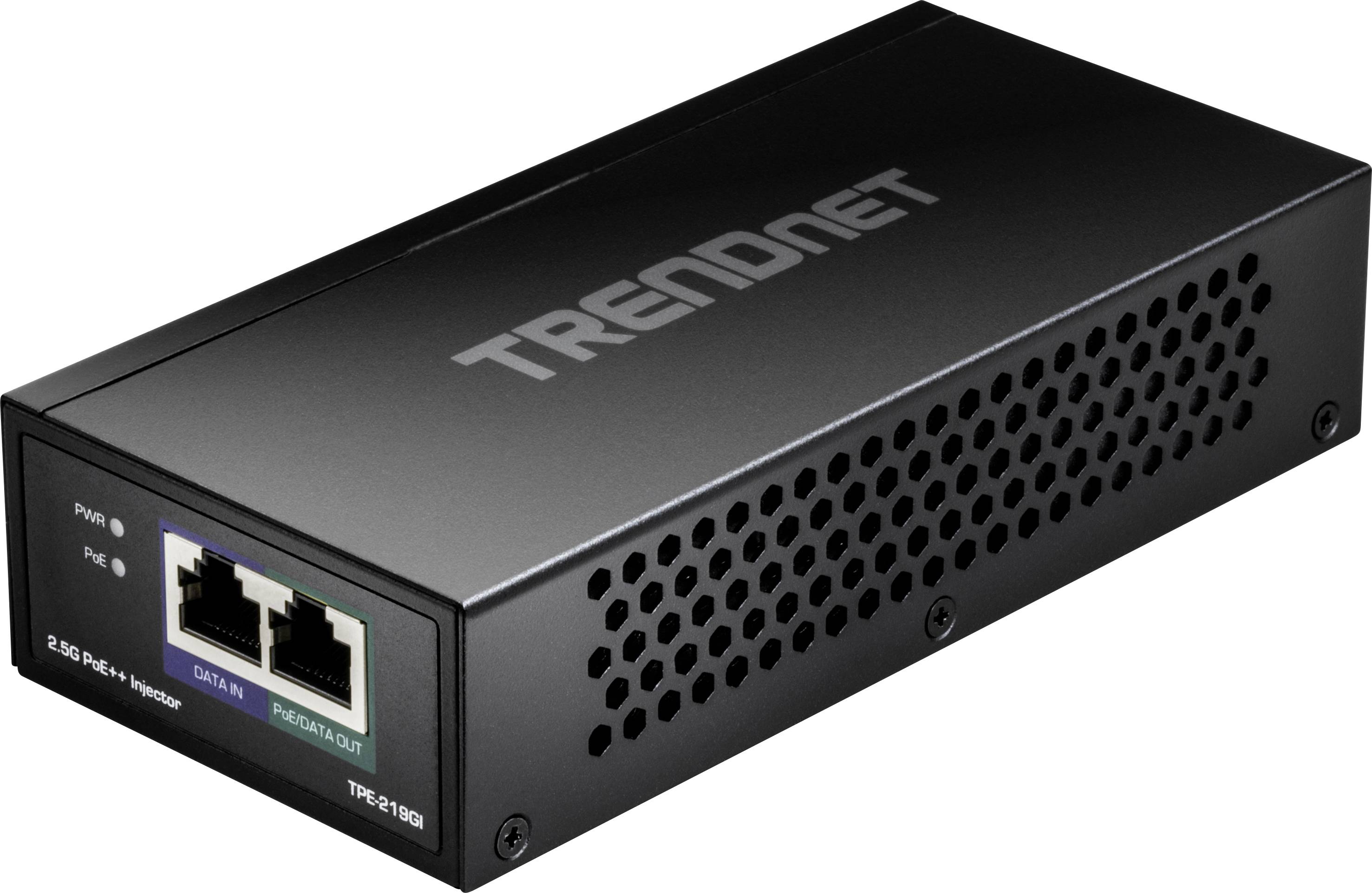 Černý síťový PoE injektor s nápisem 'TRENDnet' na horní straně. Vpředu jsou viditelné dva ethernetové porty.