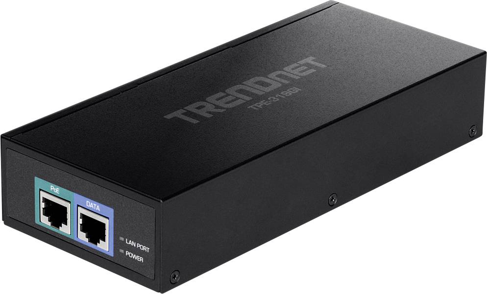 Černý síťový PoE adaptér značky TRENDnet se dvěma ethernetovými porty, označenými jako 'PoE' a 'Data'.
