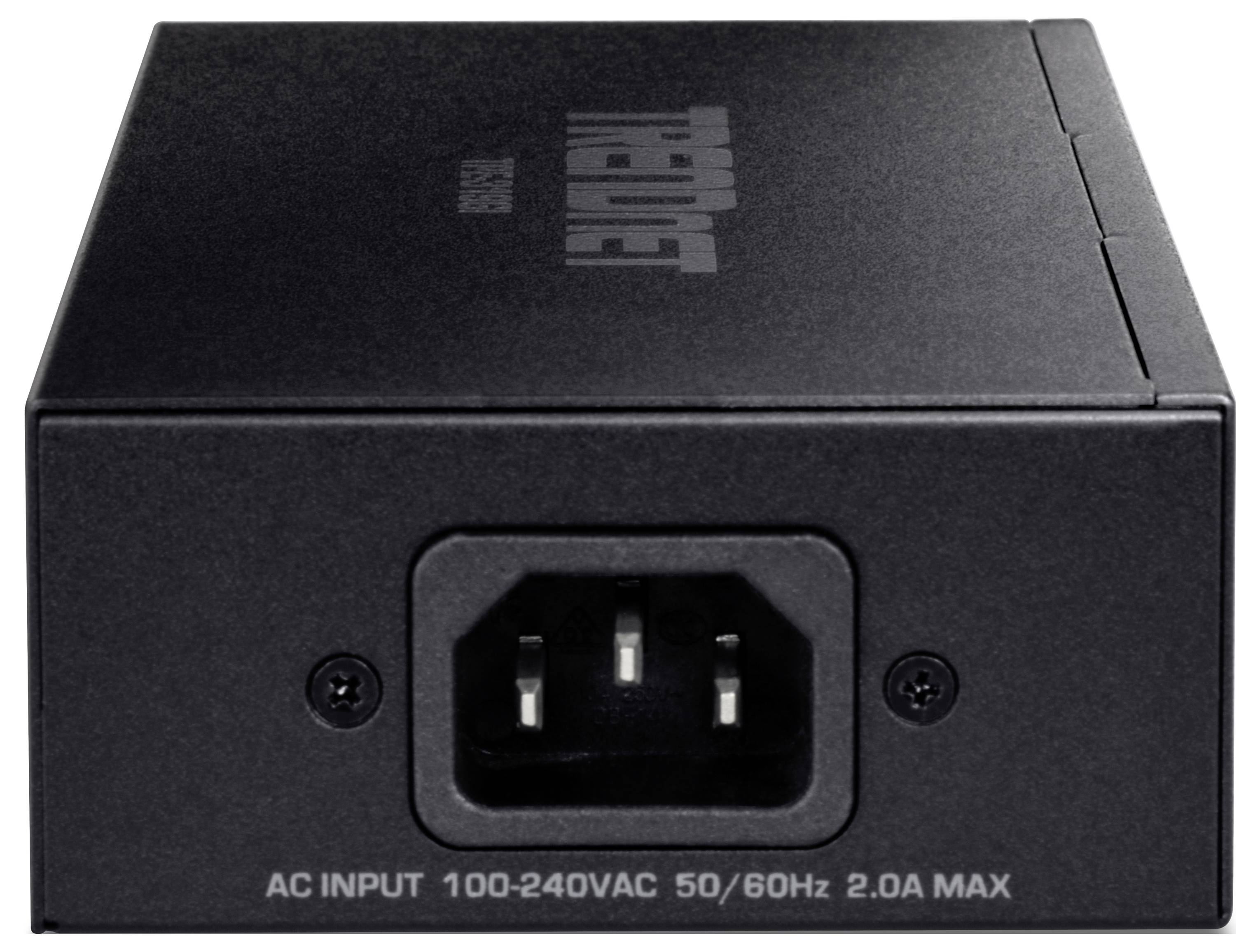 Černý napájecí adaptér s třípólovým konektorem. Text: 'AC vstup 100-240VAC 50/60Hz 2,0A MAX'.