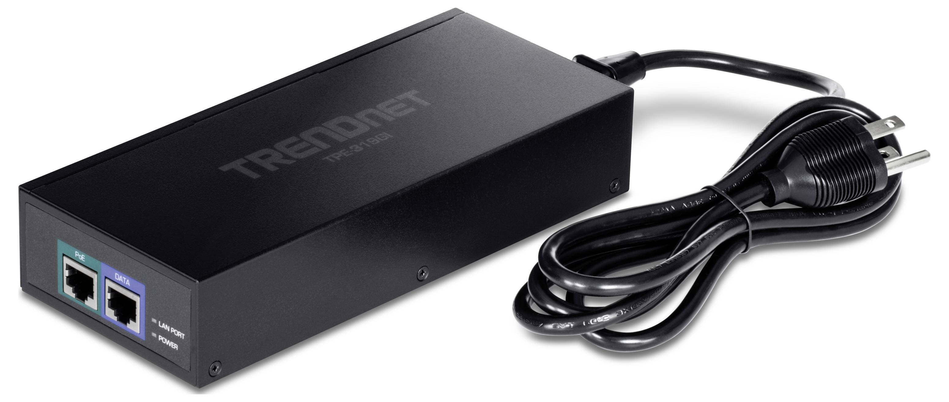 Černý PoE napájecí zdroj se dvěma ethernetovými porty a napájecím kabelem, značky 'TRENDnet'.