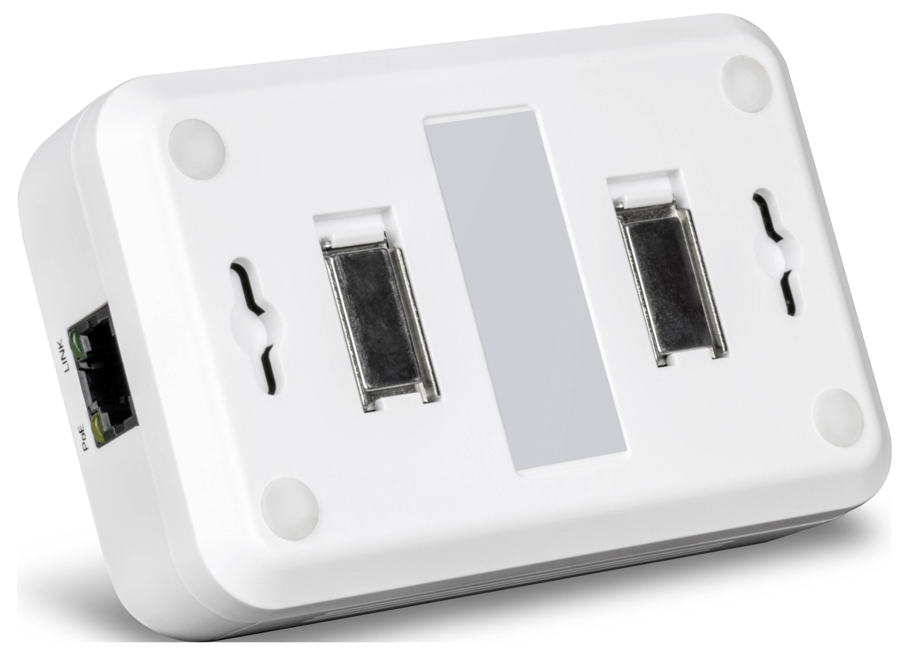 Bílé elektrické zařízení se dvěma USB porty a jedním ethernetovým rozhraním.