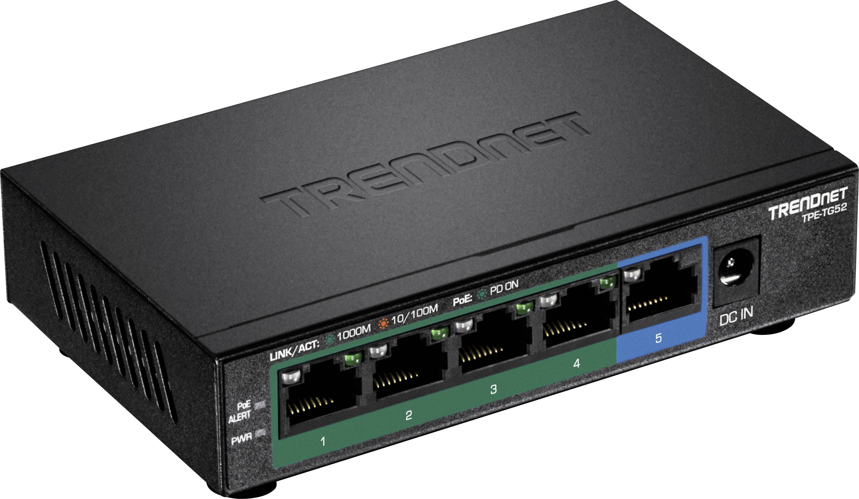 Černý síťový switch značky TRENDnet s pěti ethernetovými porty, každý číslovaný a barevně označený.