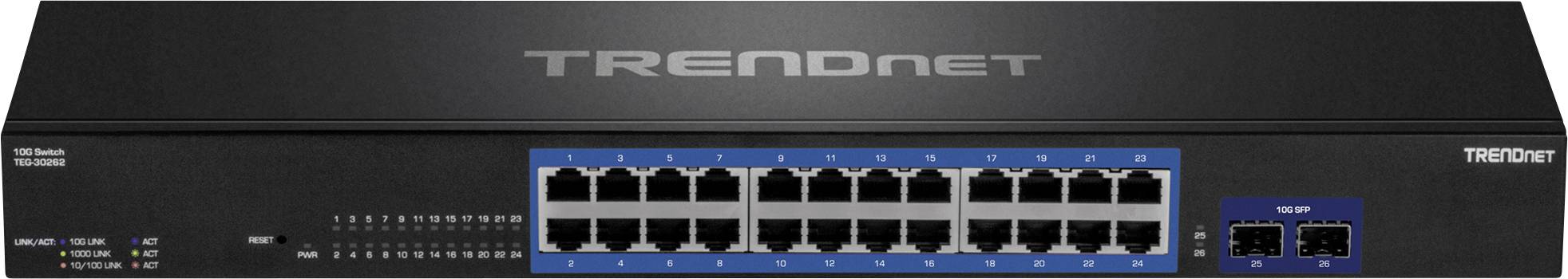 Černý síťový switch značky TRENDnet se 24 ethernetovými porty a 2 dodatečnými porty na pravé straně.