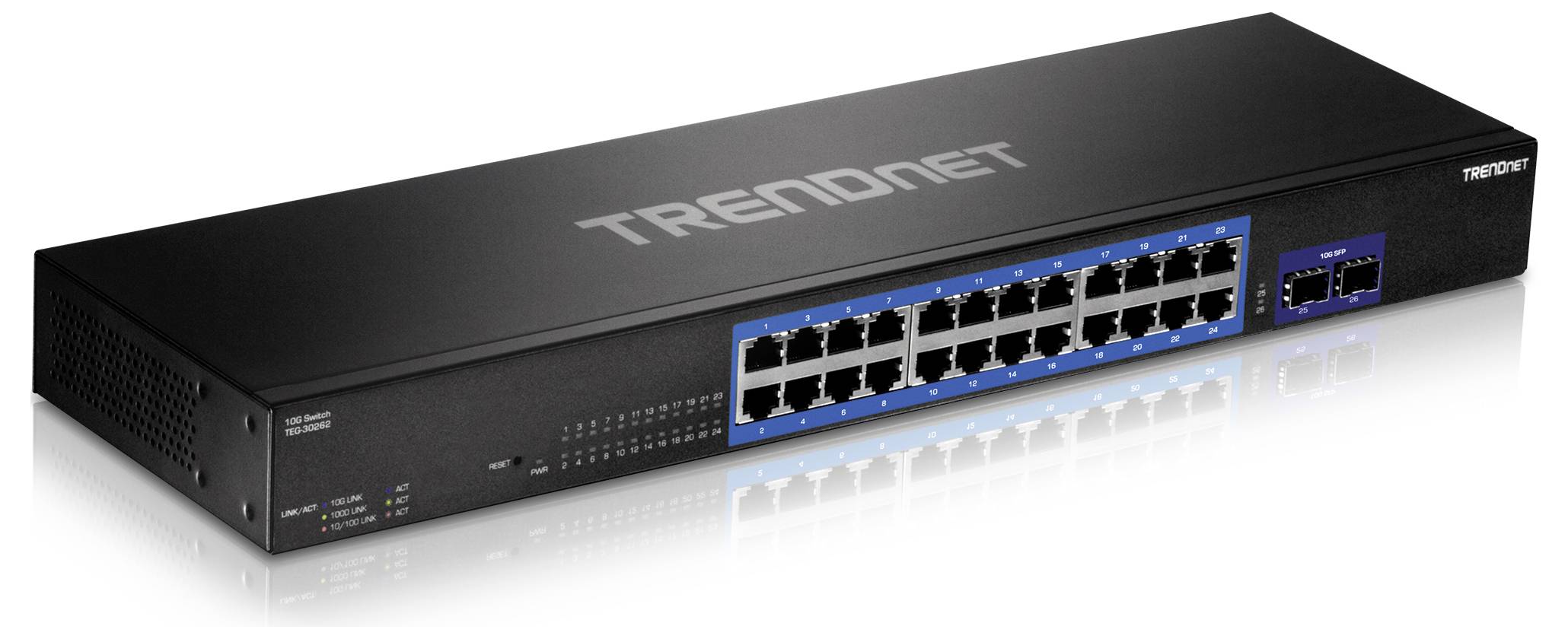 Černý síťový switch od TRENDnetu s 24 ethernetovými porty a 2 dodatečnými přípojkami pro optické připojení.