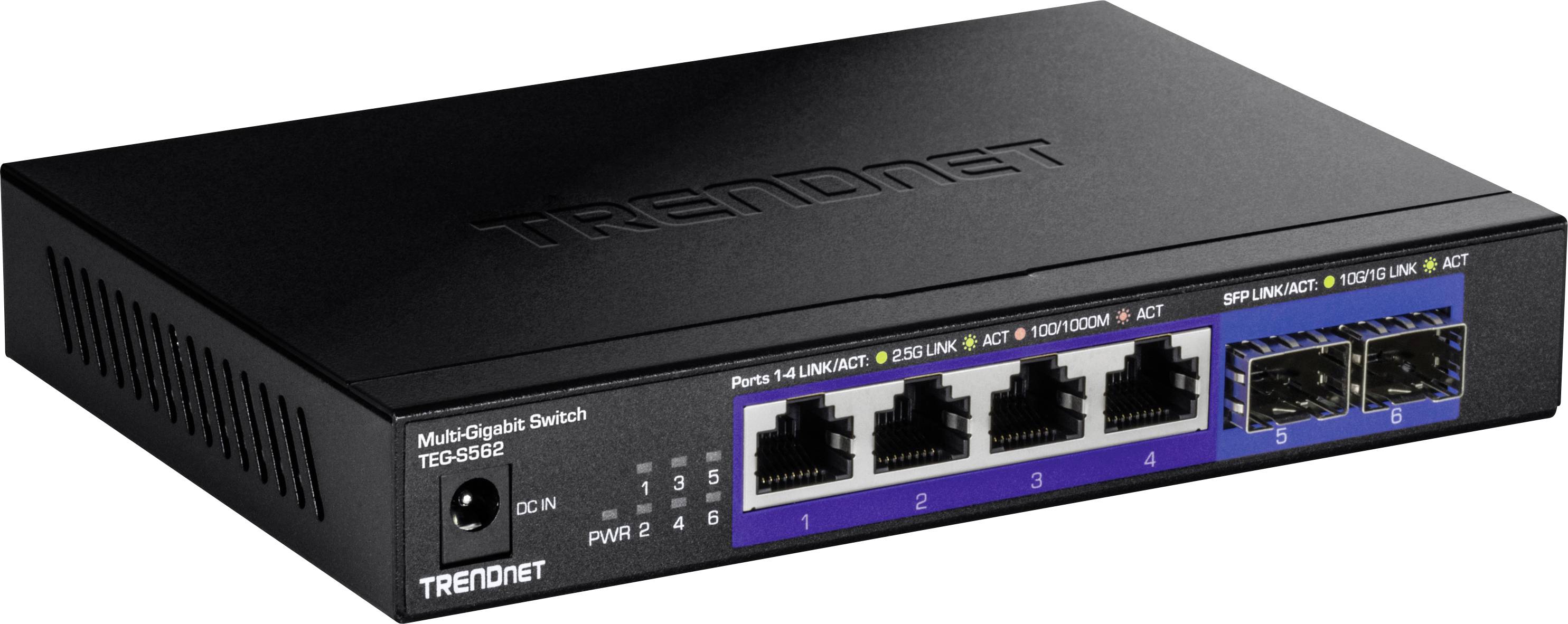 Černý multi-gigabitový switch se čtyřmi ethernetovými porty a dvěma dalšími přípojkami na pravé straně.