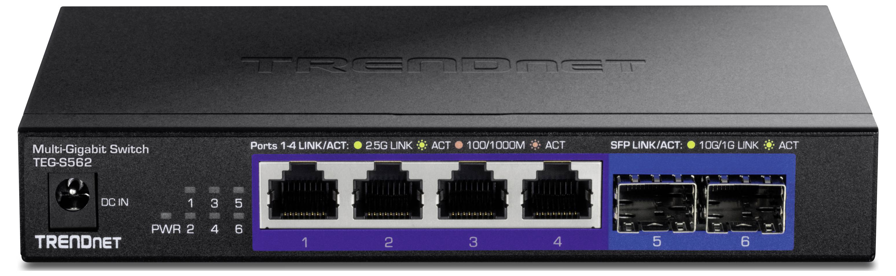 Přední pohled na víceportový přepínač TRENDnet, model TEG-S582, s 5 ethernetovými porty a 2 SFP porty pro síťové připojení.