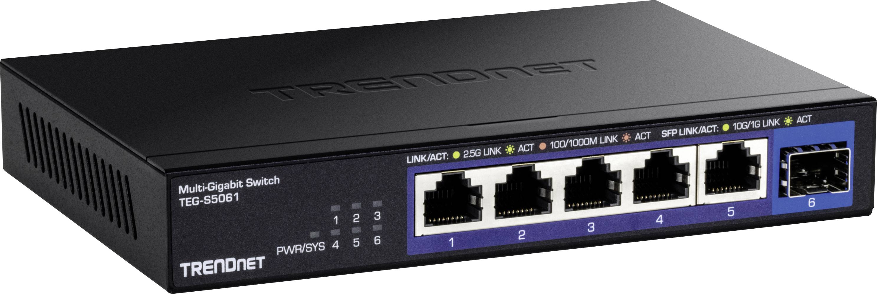 Černý síťový switch od TRENDnetu s šesti ethernetovými porty a LED indikátory pro stav připojení a aktivity.