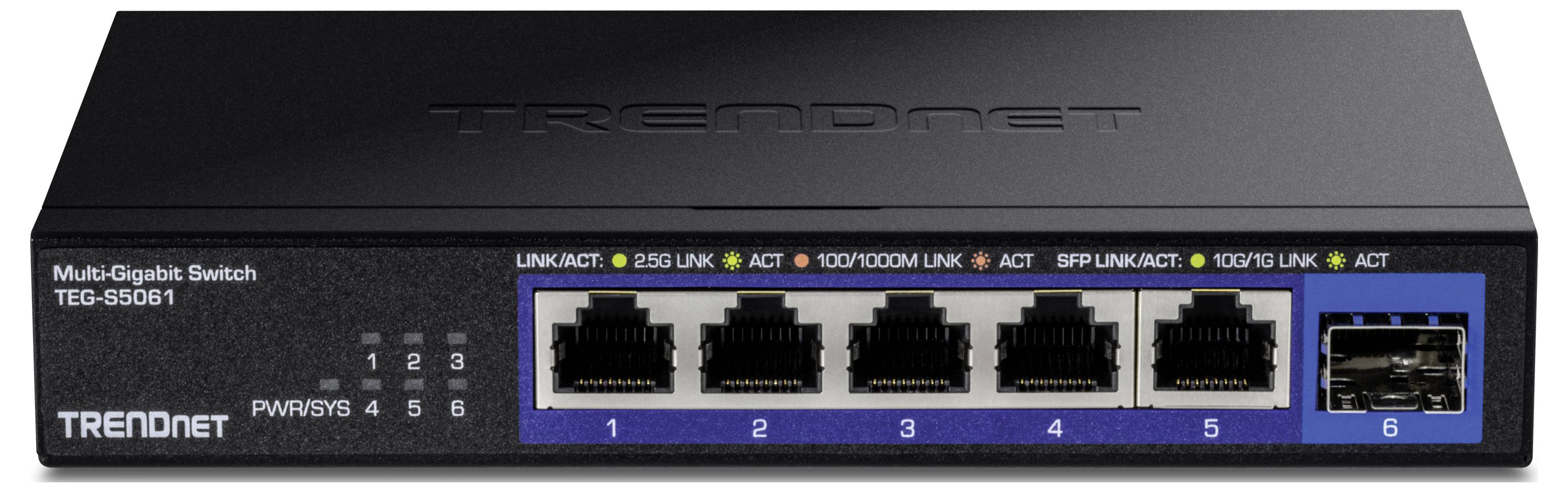 Síťový přepínač Trendnet Multi-Gigabit, model TEG-S350, s pěti ethernetovými porty a SFP+ slotem na přední straně.