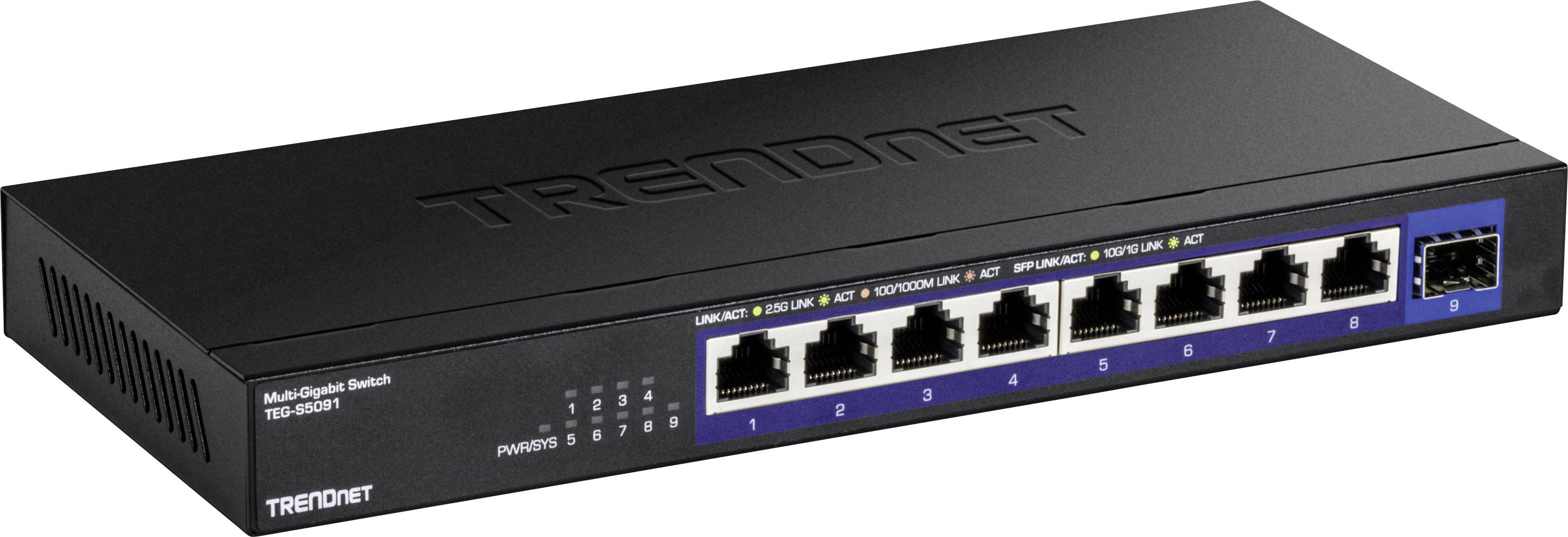 Černý síťový switch od TrendNetu s osmi ethernetovými porty a jedním SFP portem, vhodný pro síťová připojení.