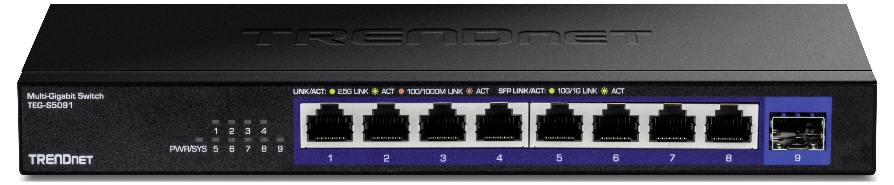 Síťový switch s osmi RJ45 porty a jedním SFP portem, vhodný pro několik gigabitových připojení, černé barvy.
