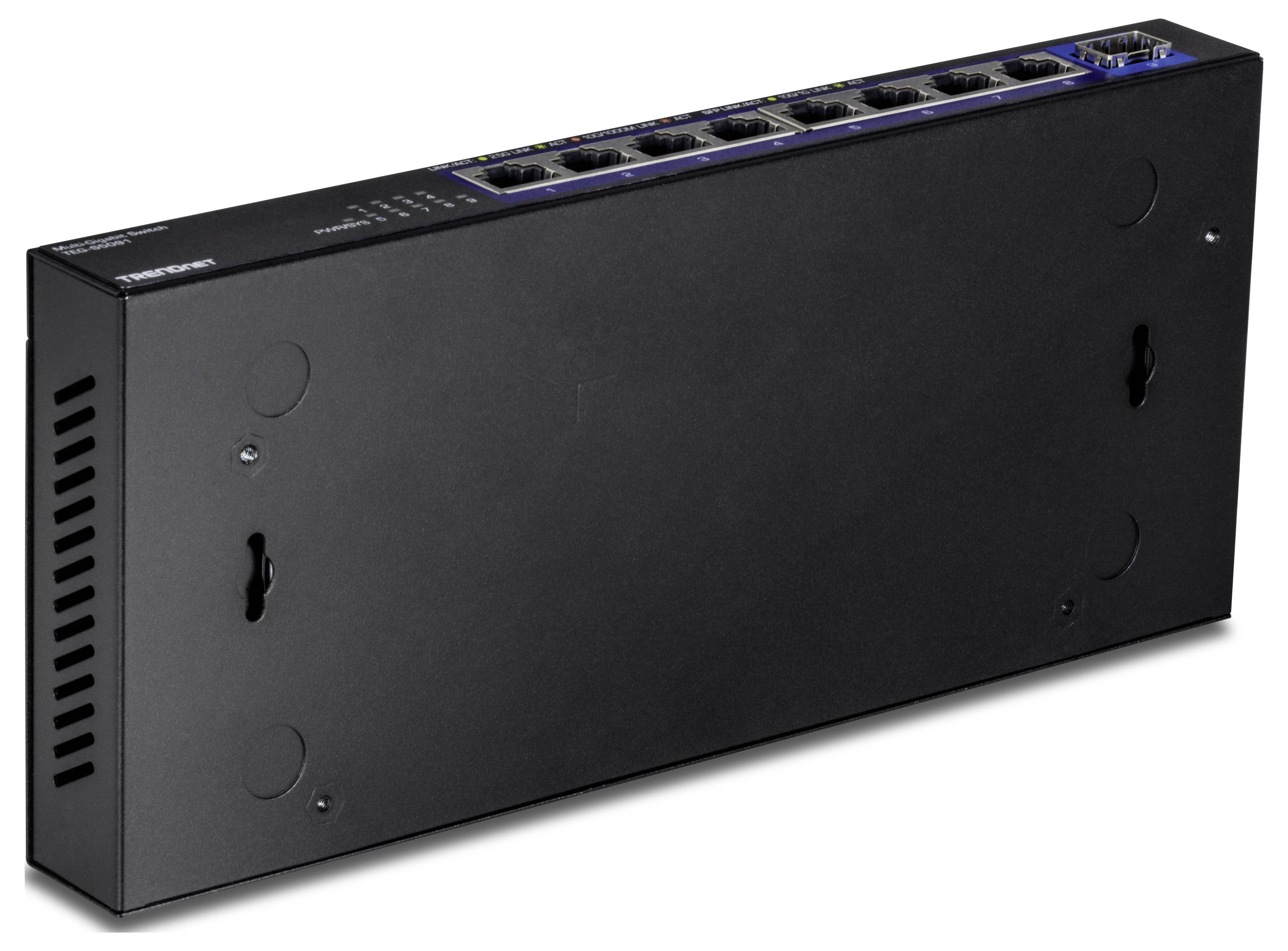 Černý, obdélníkový síťový switch s osmi ethernetovými porty a LED indikátory na horní straně.