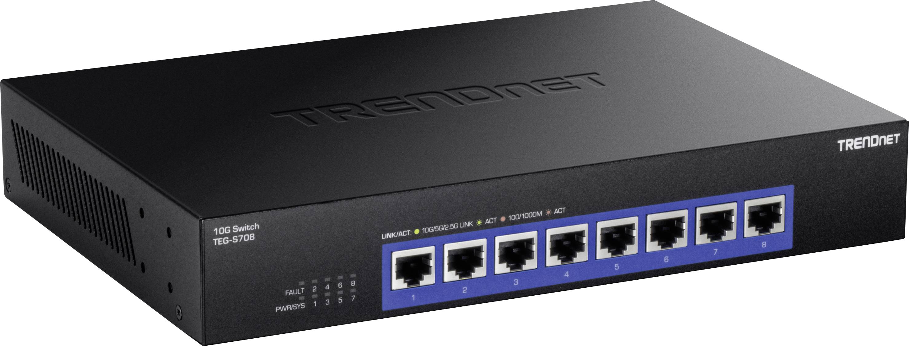 Černý ethernetový switch značky TRENDnet s osmi síťovými porty.