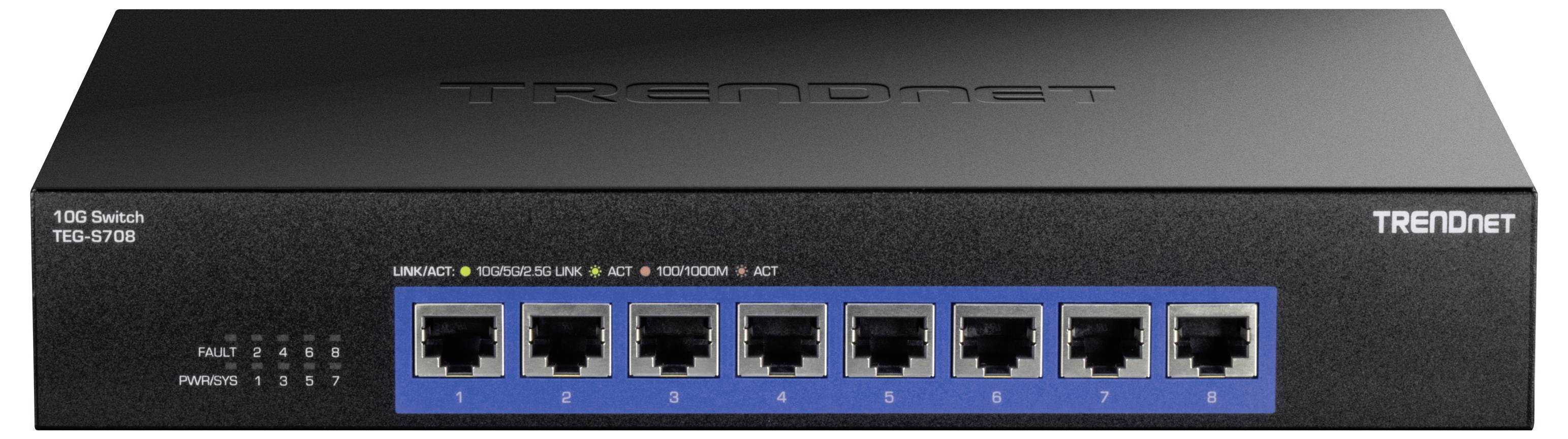 Černý síťový switch s osmi ethernetovými porty na přední straně, firemní název 'TRENDnet' v pravém horním rohu.