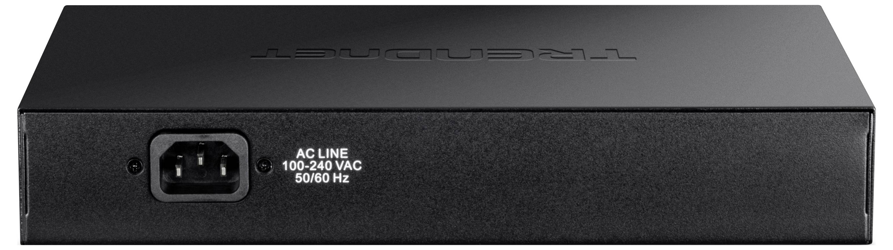 Černé elektronické zařízení s napájecím konektorem na zadní straně. Text vedle: 'AC LINE 100-240 VAC 50/60 Hz'.