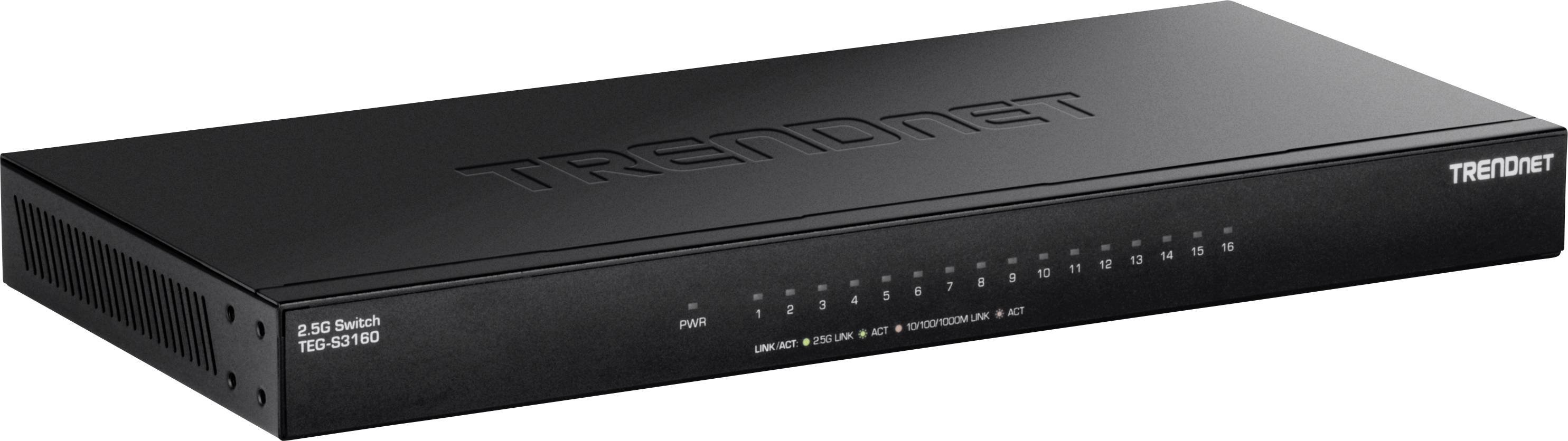 Černý síťový switch značky TRENDnet s několika ethernetovými porty na přední straně, model: 'TPE-TG181F'.