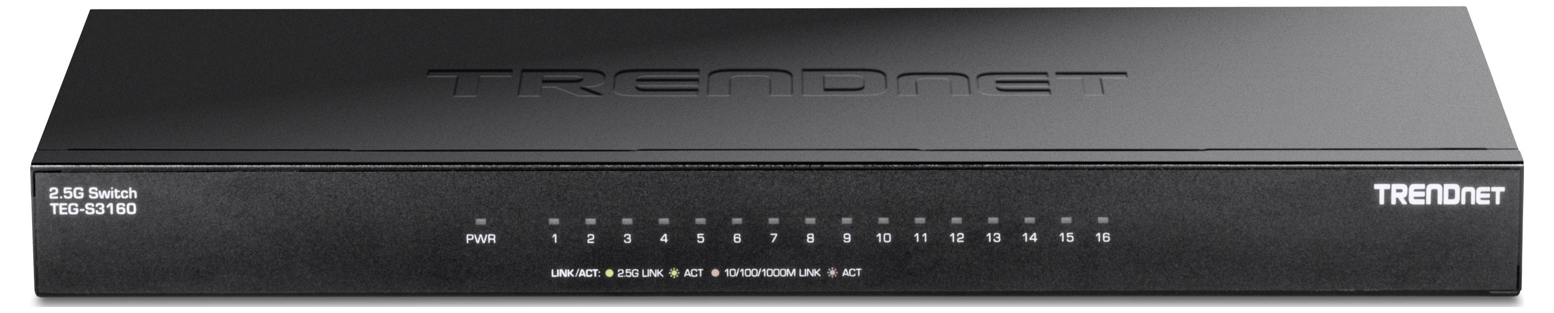 Černý síťový switch s 16 ethernetovými porty. Na přední straně vytištěno 'TRENDnet' a '2.5G Switch TEG-S16G'.