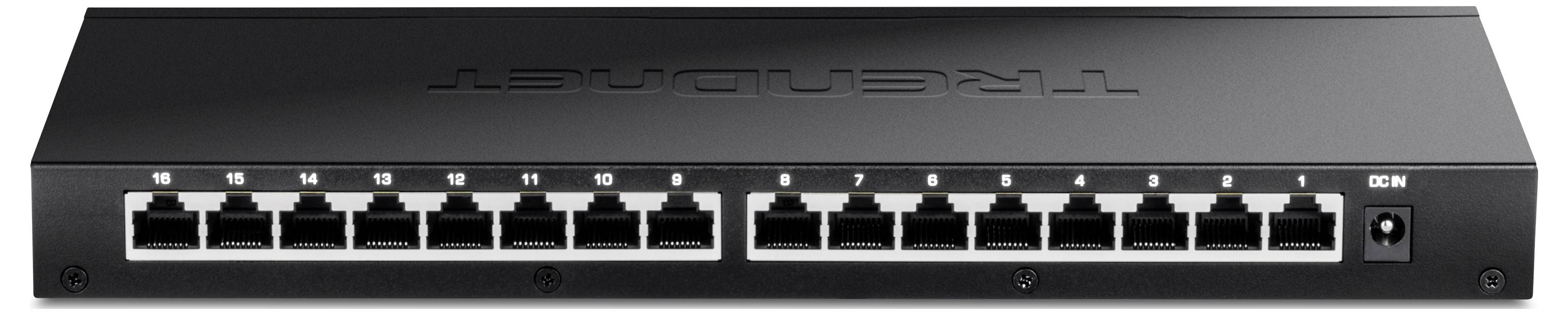 Černý síťový switch s 16 ethernetovými porty, očíslovanými od 1 do 16. Nahoře je vyraženo 'TRENDnet'.