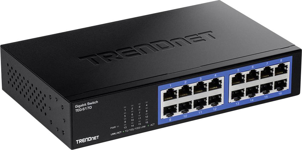 Černý gigabitový switch TRENDnet TEG-S170 s 16 ethernetovými porty a stavovými indikátory na předním panelu.