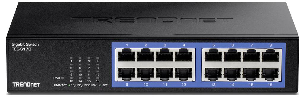 Gigabitový switch TEG-S17D se 16 ethernetovými porty, černá skříň. Značení: napájení, indikátory LAN pro každý port.