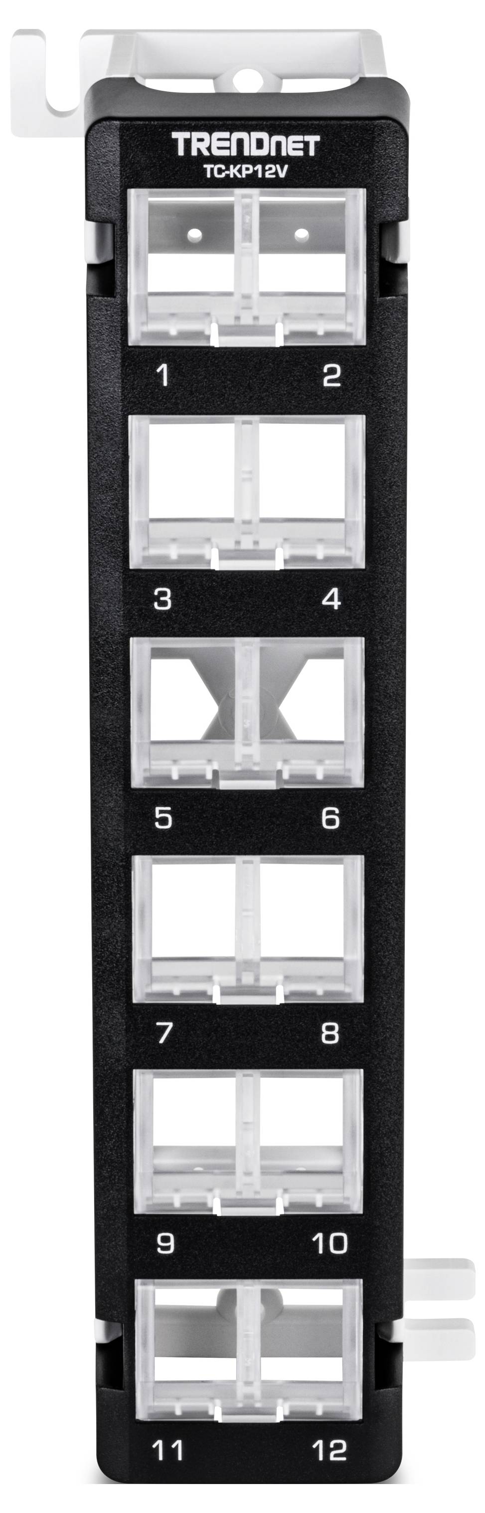 Síťový patch panel se 12 očíslovanými RJ-45 porty, s viditelnou značkou a modelem nahoře.