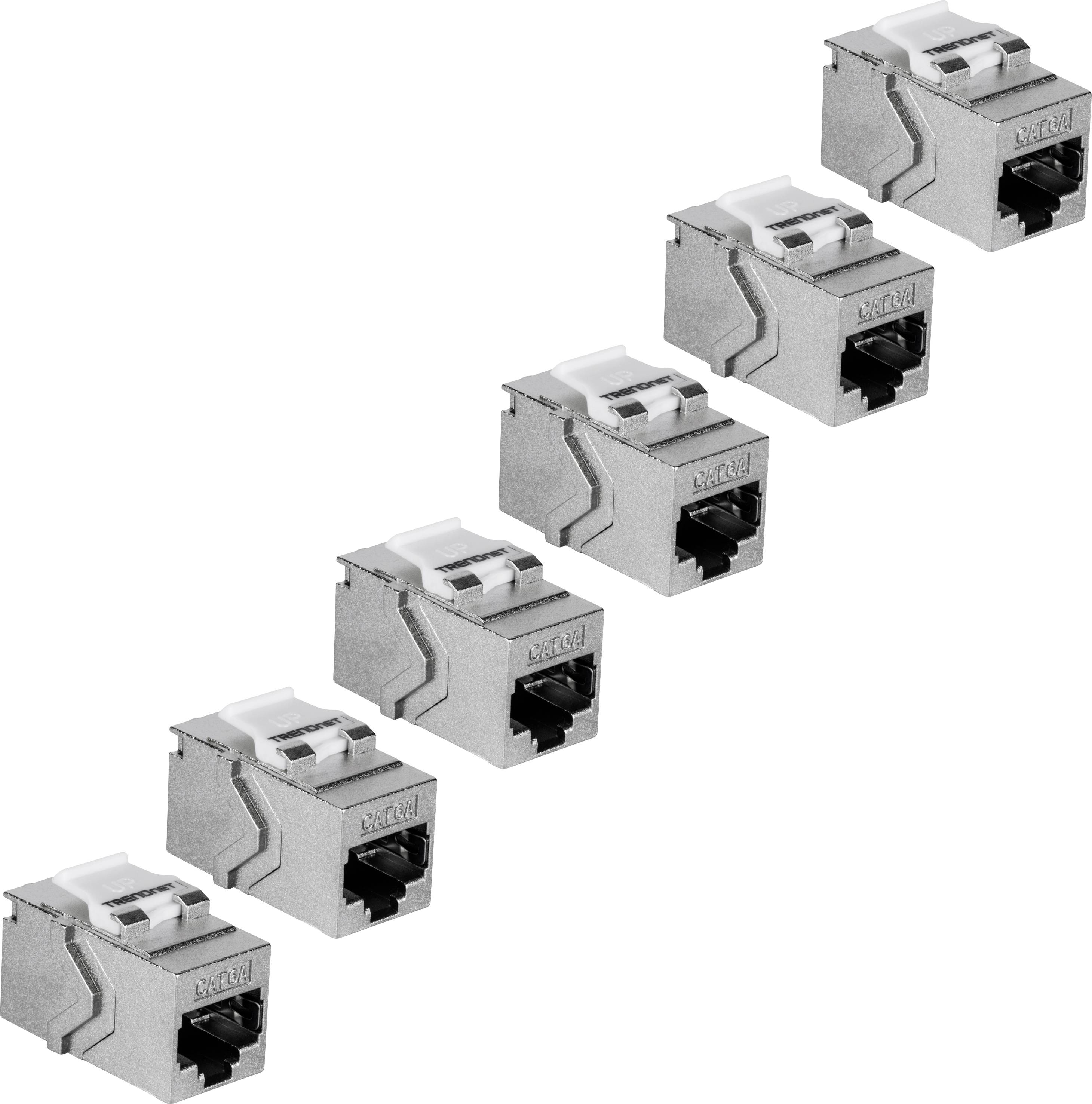Šest RJ45 konektorů v dvou řadách vedle sebe, vyrobených z kovu s bílými a černými prvky. Vhodné pro síťová připojení.