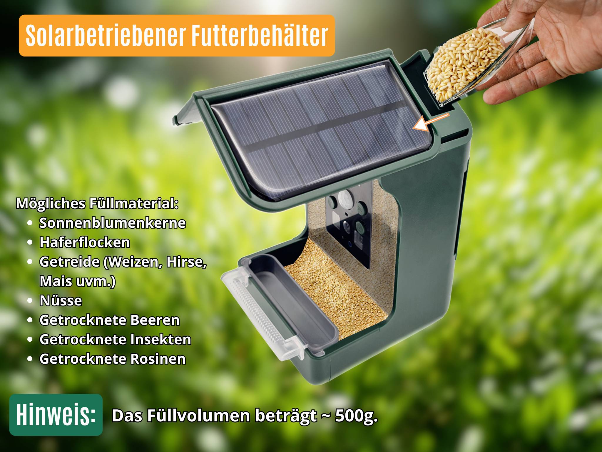 Solární krmný kontejner s otevřeným víkem, naplněný zrním. Seznam možných plnicích materiálů a objemů plnění.